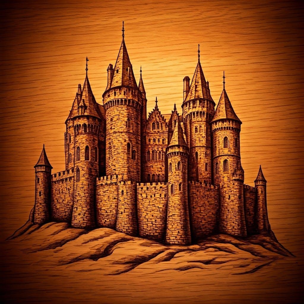 Majestic Castle Engraved on Rich Wooden Surface