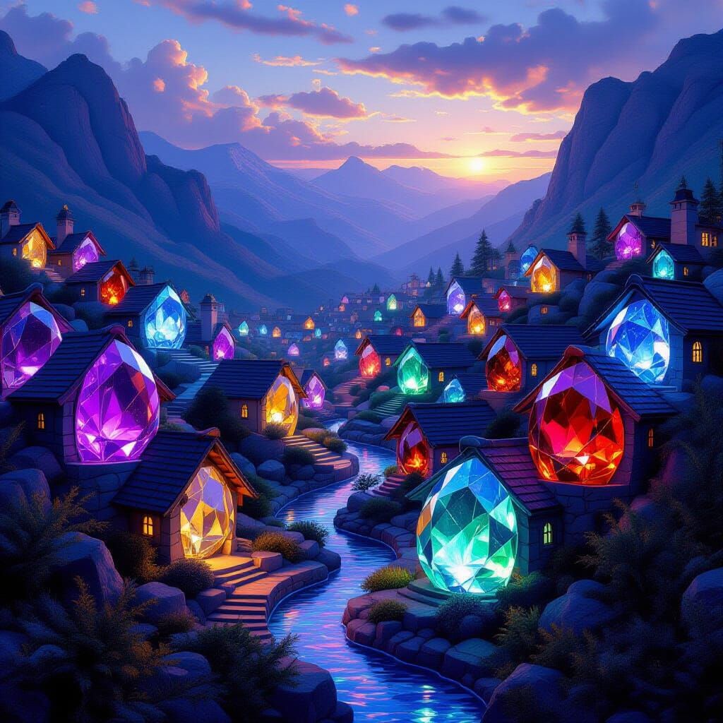 Luminous Gemstone Houses in Twilight Valley