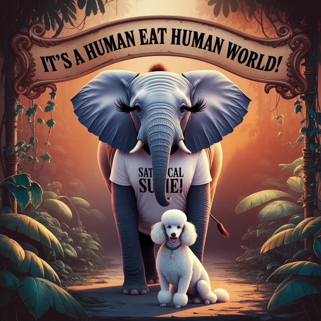 Satirical Elephant and Poodle in Jungle