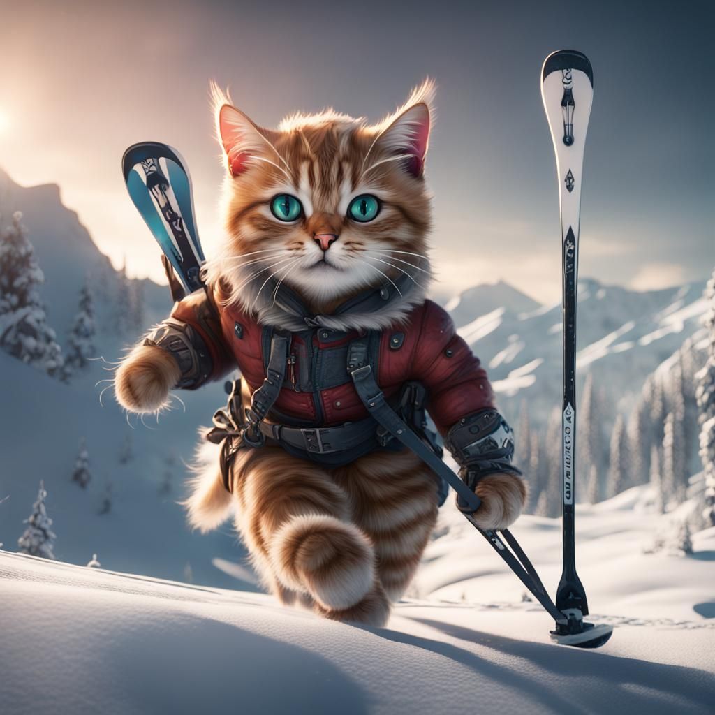 Cat on Skis in a Fantastical Winter Scene