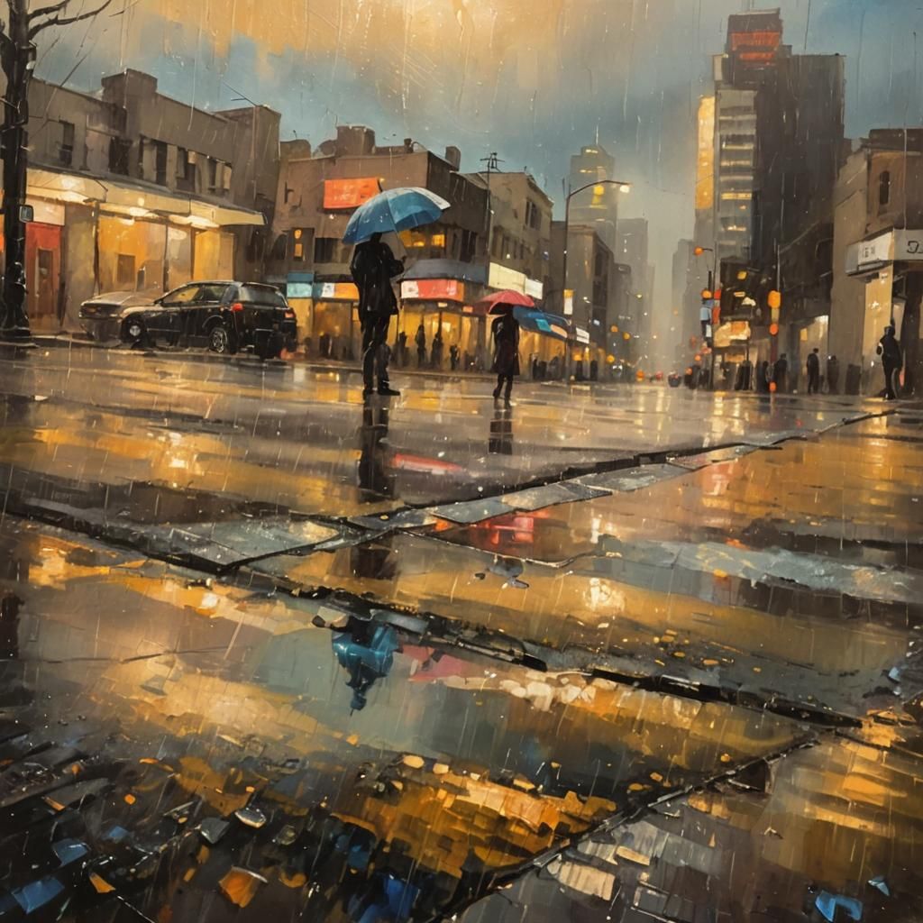 Rainy City Street: Vibrant Oil Painting with Triadic Colors