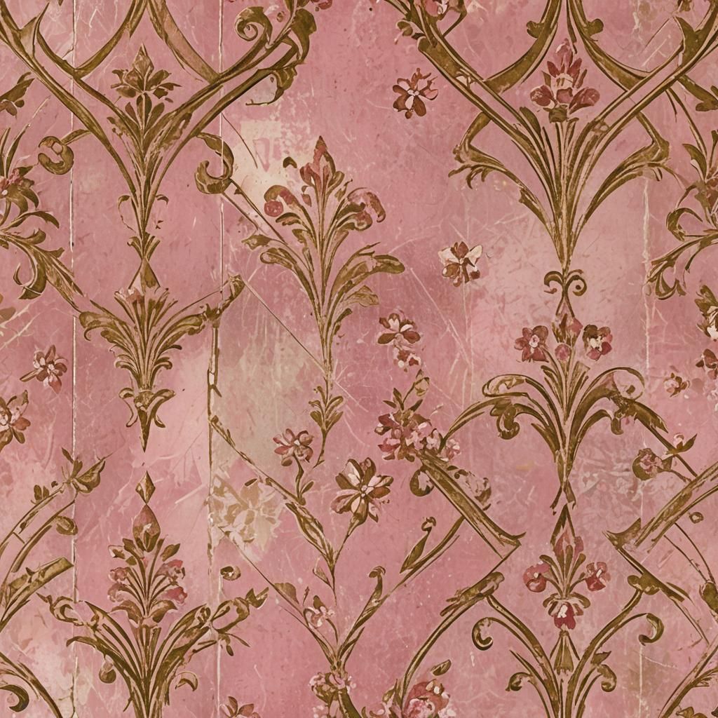 Distressed Art Deco Wallpaper with Pink Floral Pattern