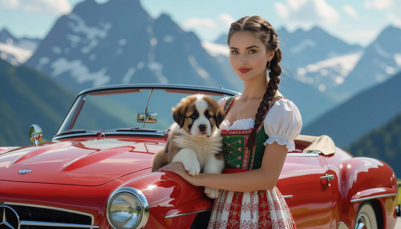 Woman with Braids Beside Vintage Mercedes with Puppy in Alps