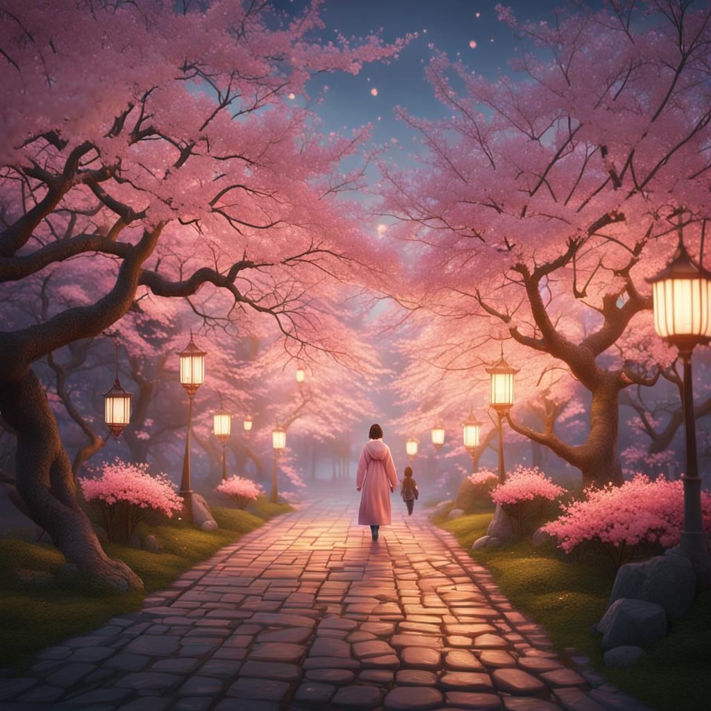 Japanese Woman in Cherry Blossom Garden at Dusk