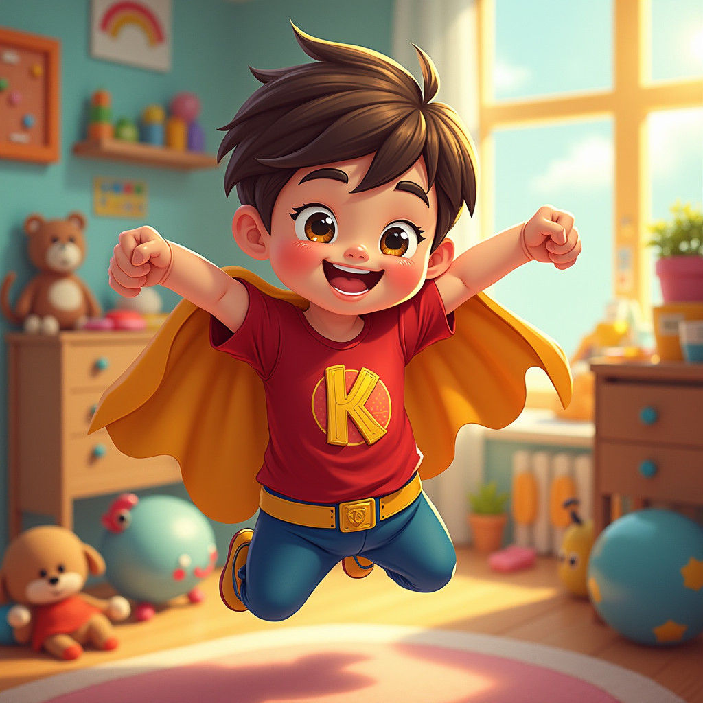Flying Superhero Kid with Letter K in Pop Art Style