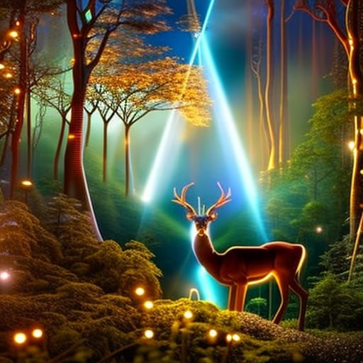 Bioluminescent Stag Leaping in Misty Landscape