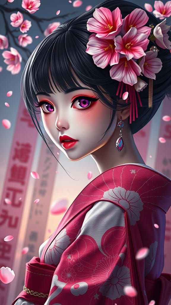 Surreal Geisha Portrait in Vibrant Sakura Colors, Inspired b...