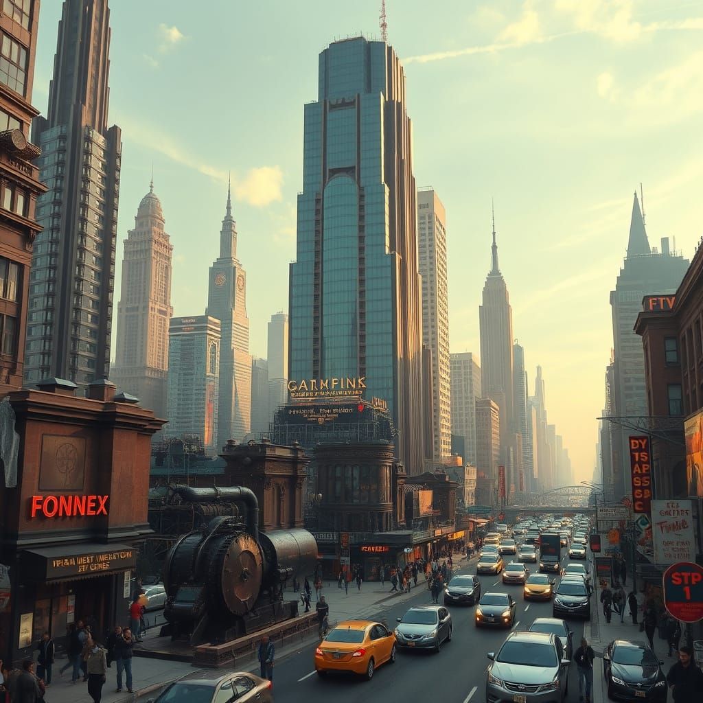 A Steampunk Metropolis with Winding Skyscrapers and Bustling...