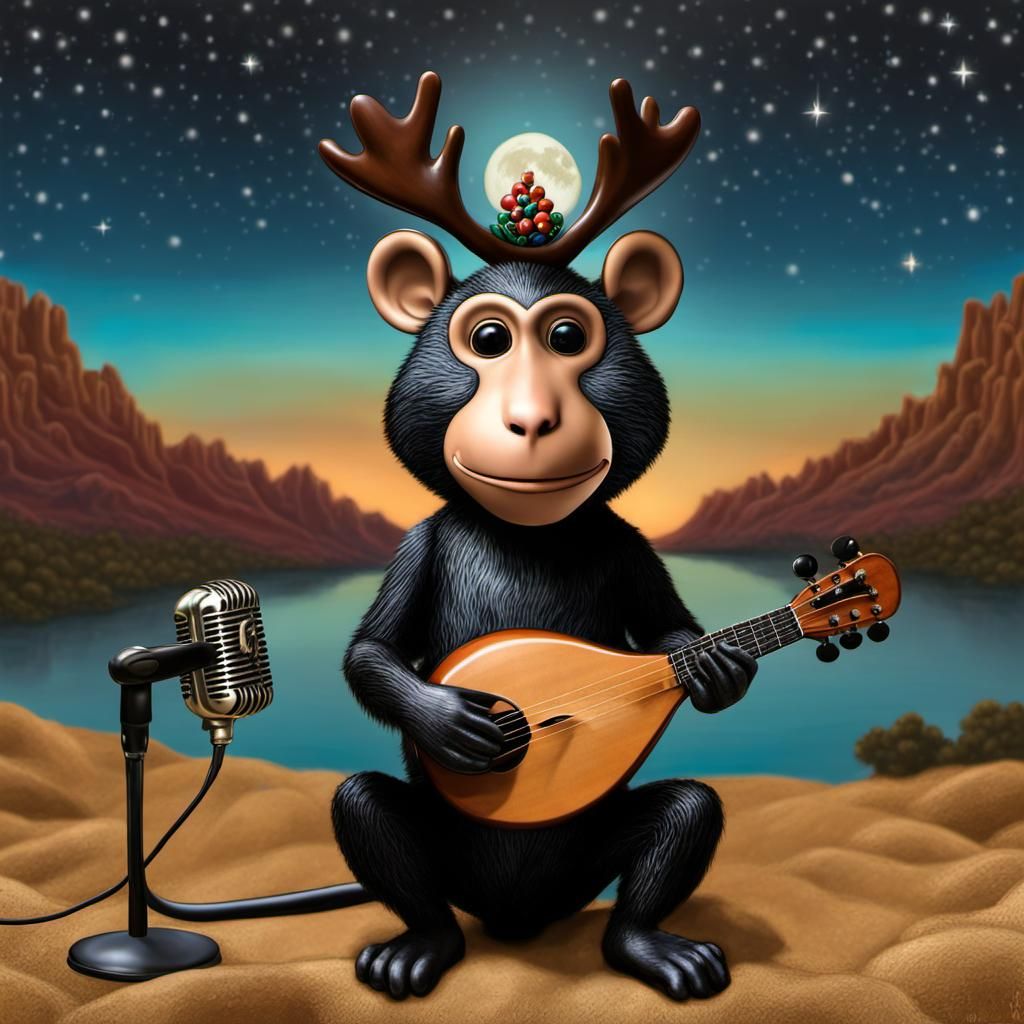 Micro Moose Musician: Surreal Mixed Media Masterpiece