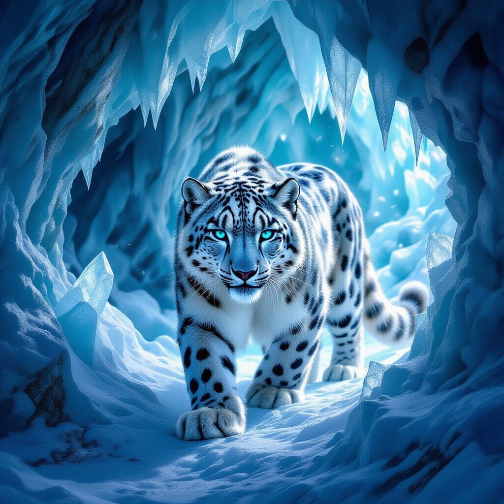 Snow Leopard in Glowing Ice Cave Base - Ethereal Fantasy Art