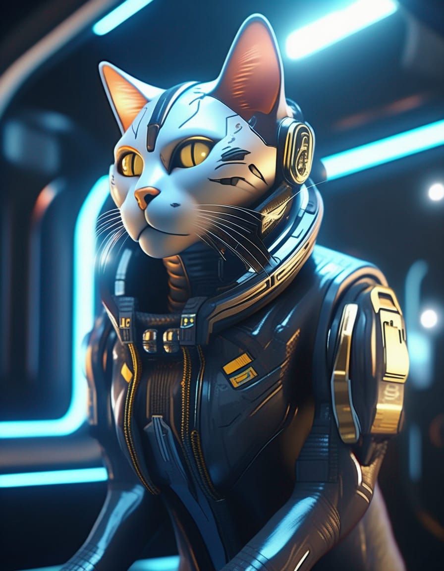 Cyberpunk Cat Pilot in Futuristic Spaceship