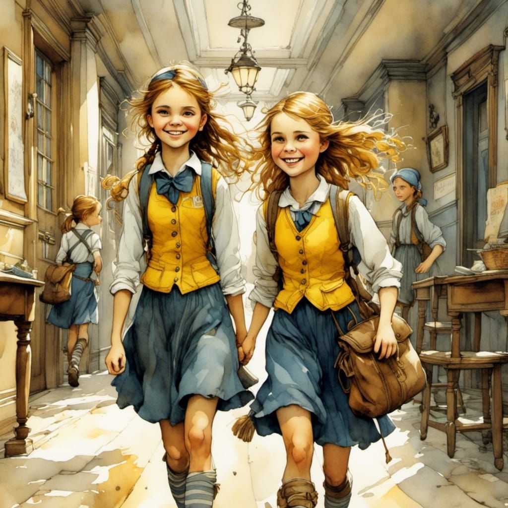 Teenage Girls in School Hallway as Watercolor Painting