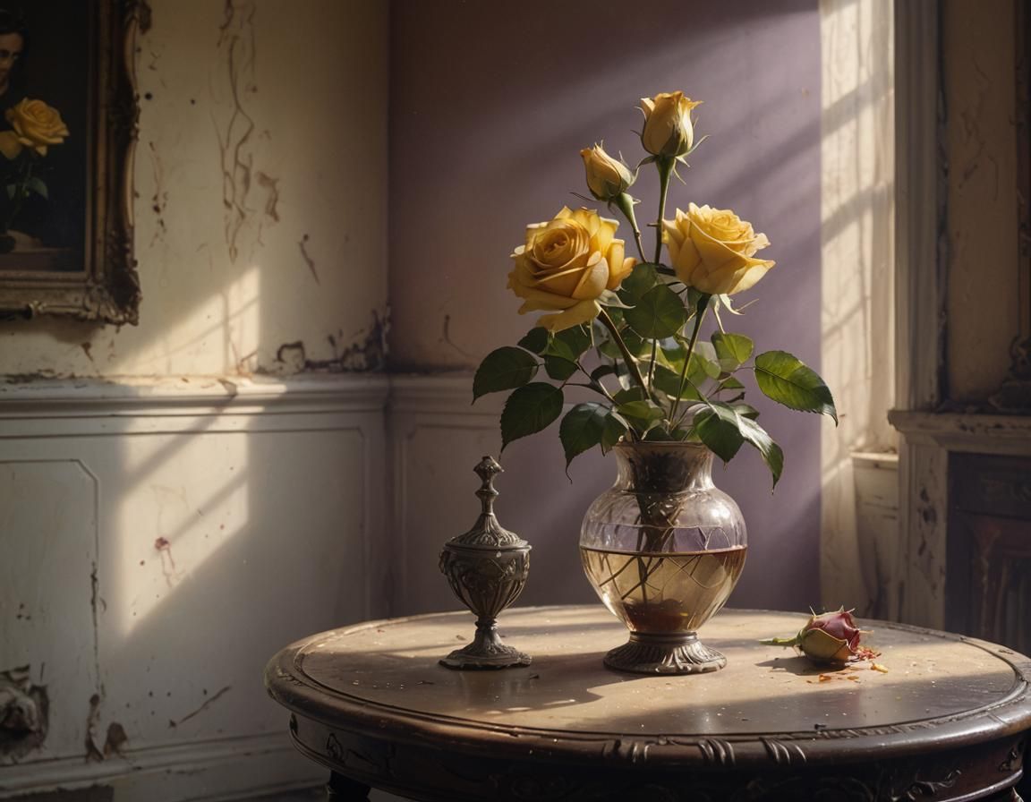 Yellow Rose Sunbeam in Abandoned Parlor