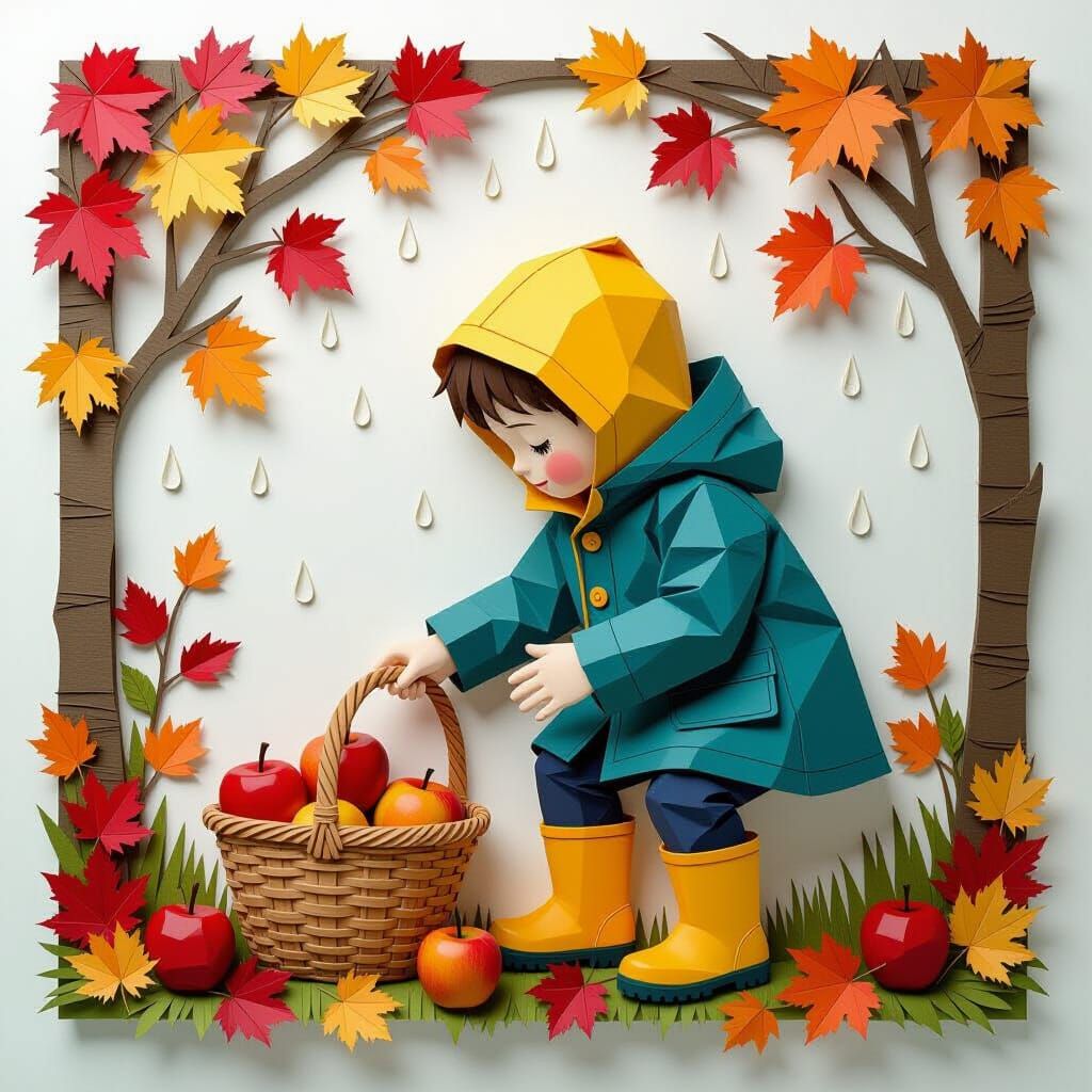Boy Picking Apples in Rainy Autumn Paper Sculpture