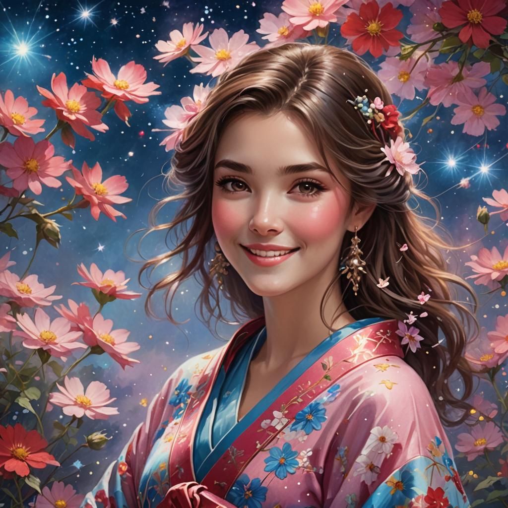 Lovely lady with kimono in cosmos flowers