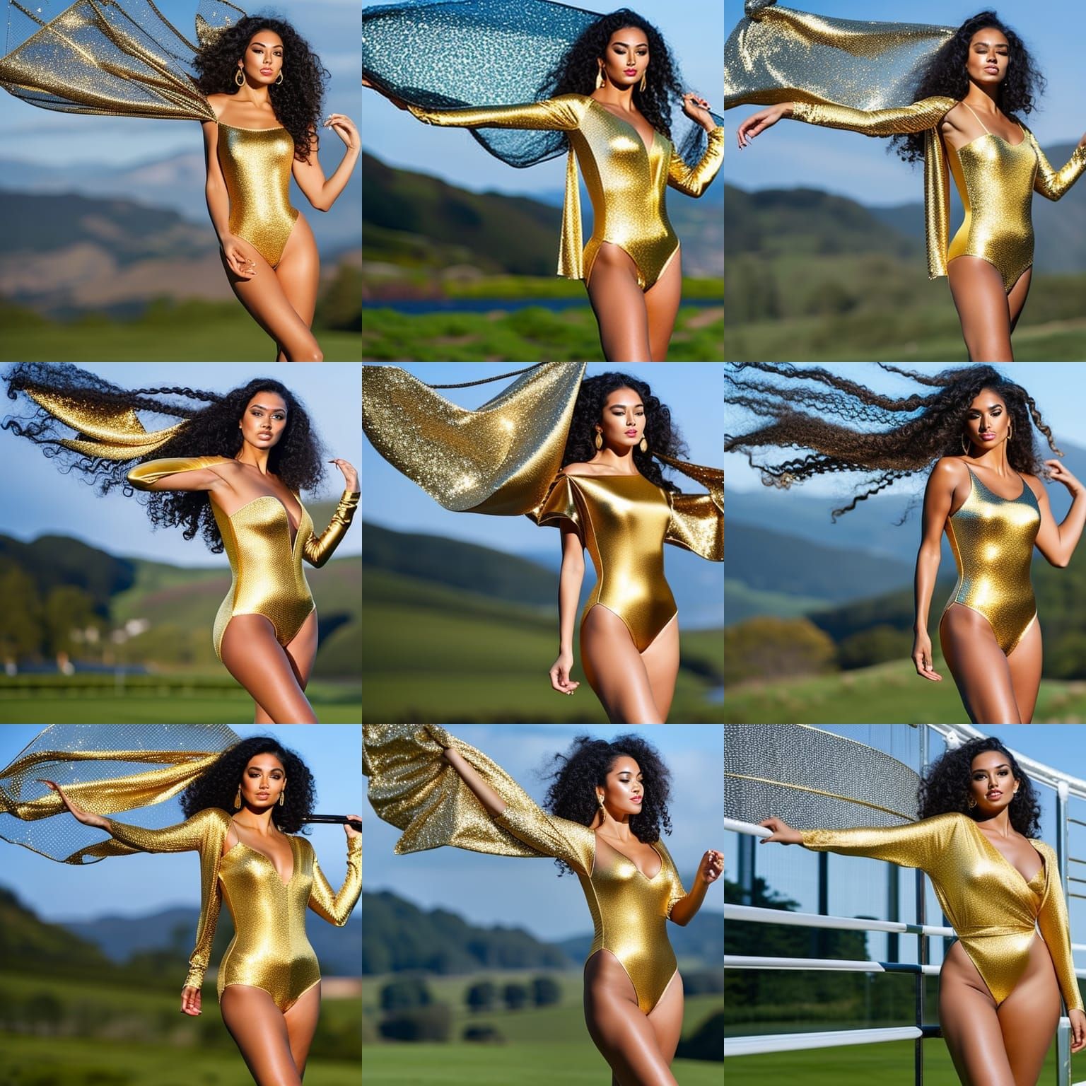 Attractive Woman with Black Hair in Gold Outfit