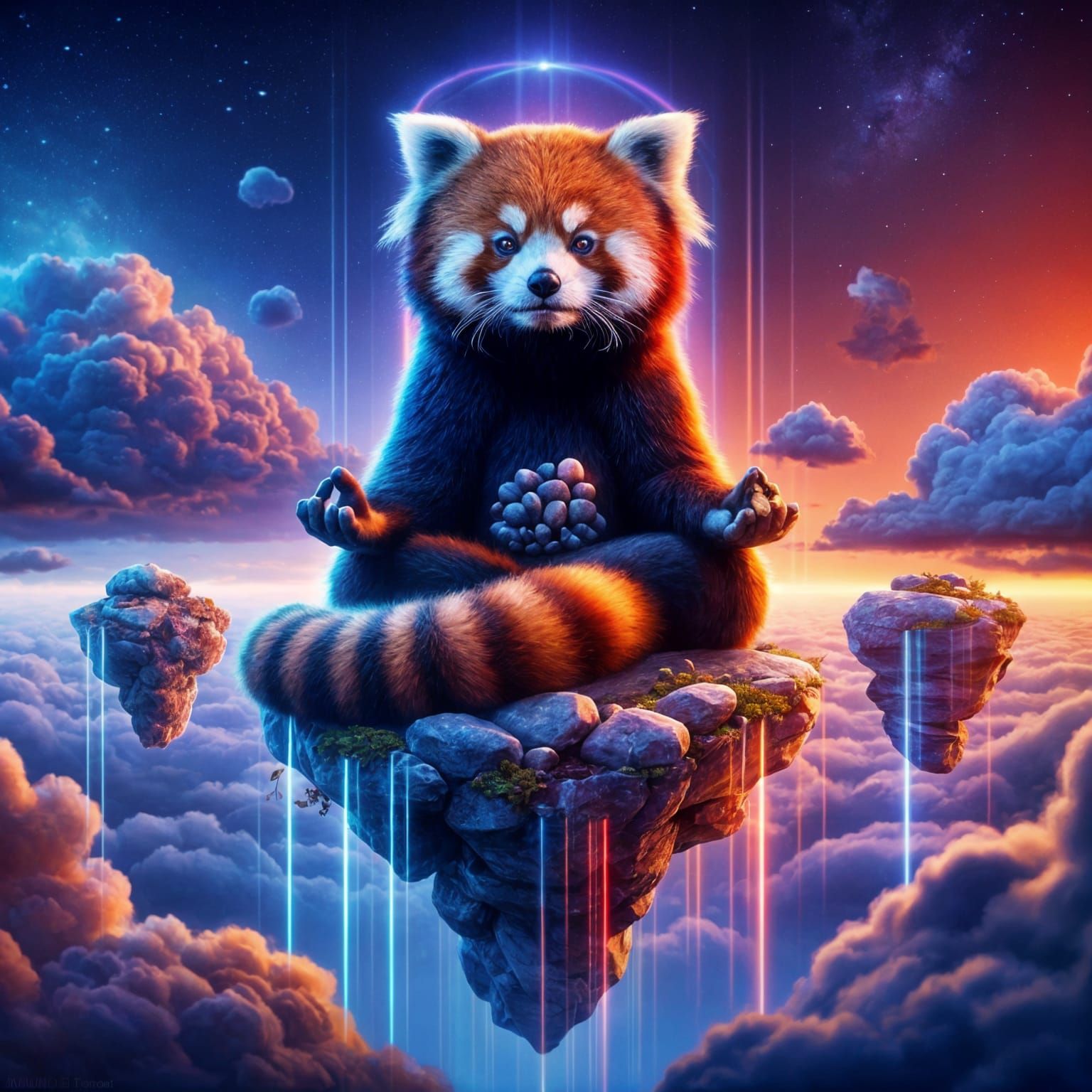 Red Panda Meditates on Floating Rocks in Twilight Dimension