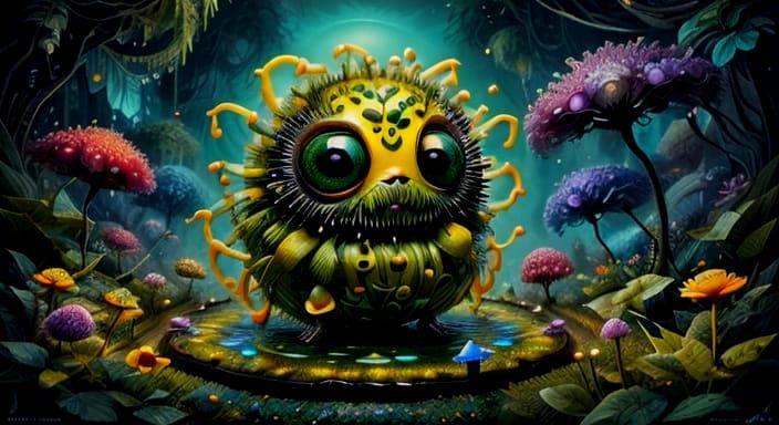 Surreal Yellow Floral Creatures in a Whimsical Forest