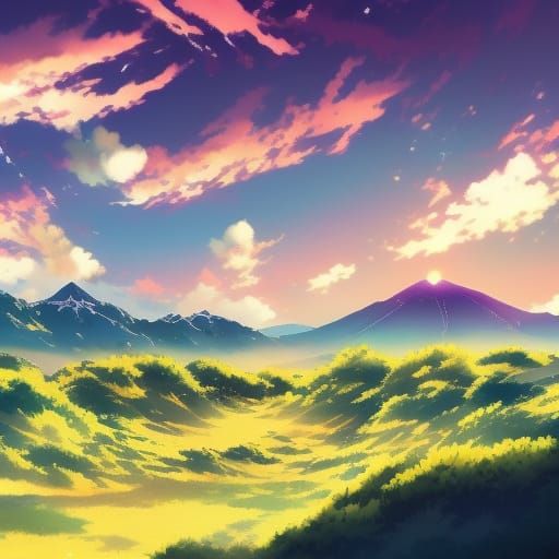 Vibrant Sunrise Landscape in Anime Style