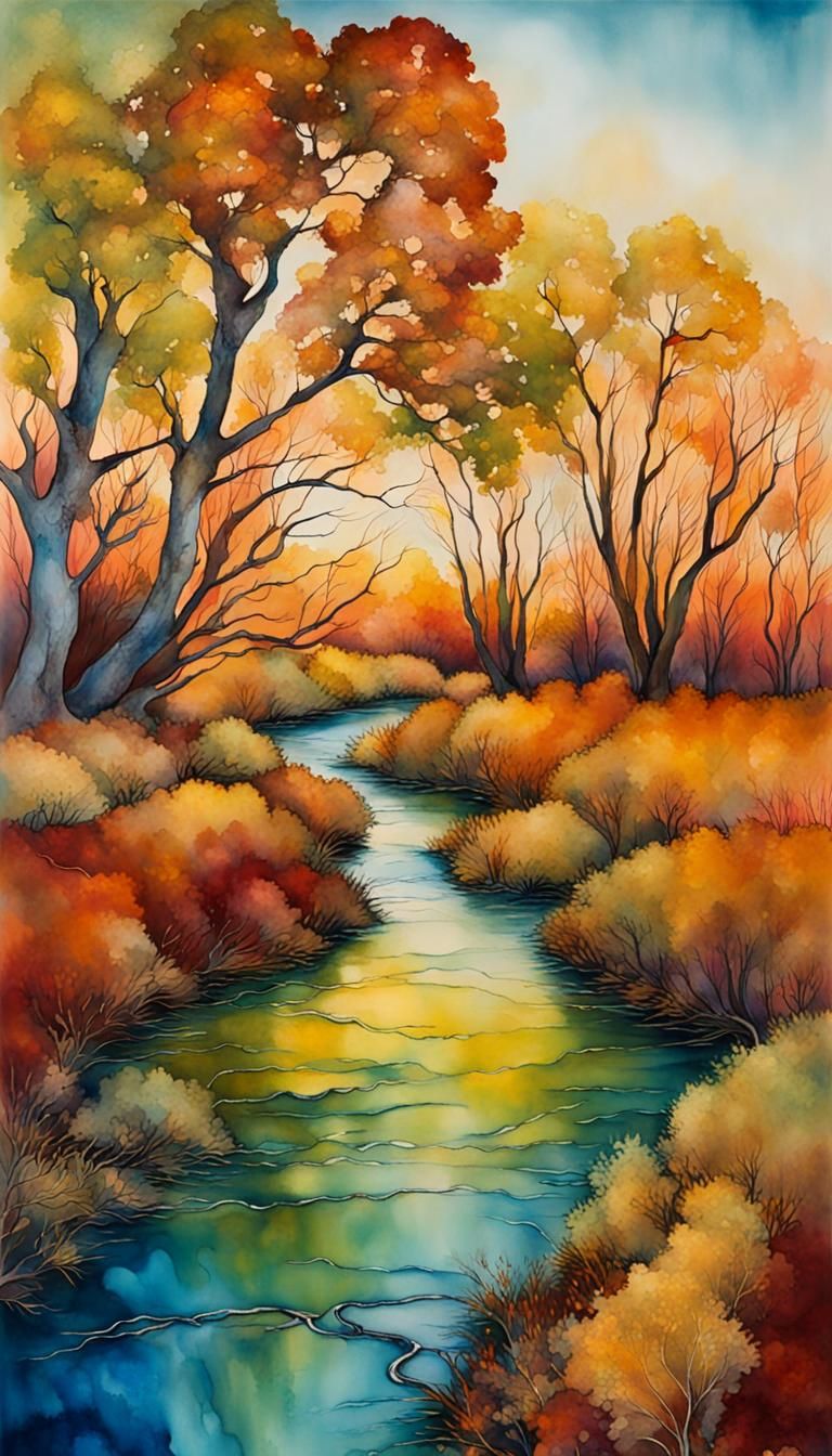 Autumn Riparian Landscape in Alcohol Ink Style