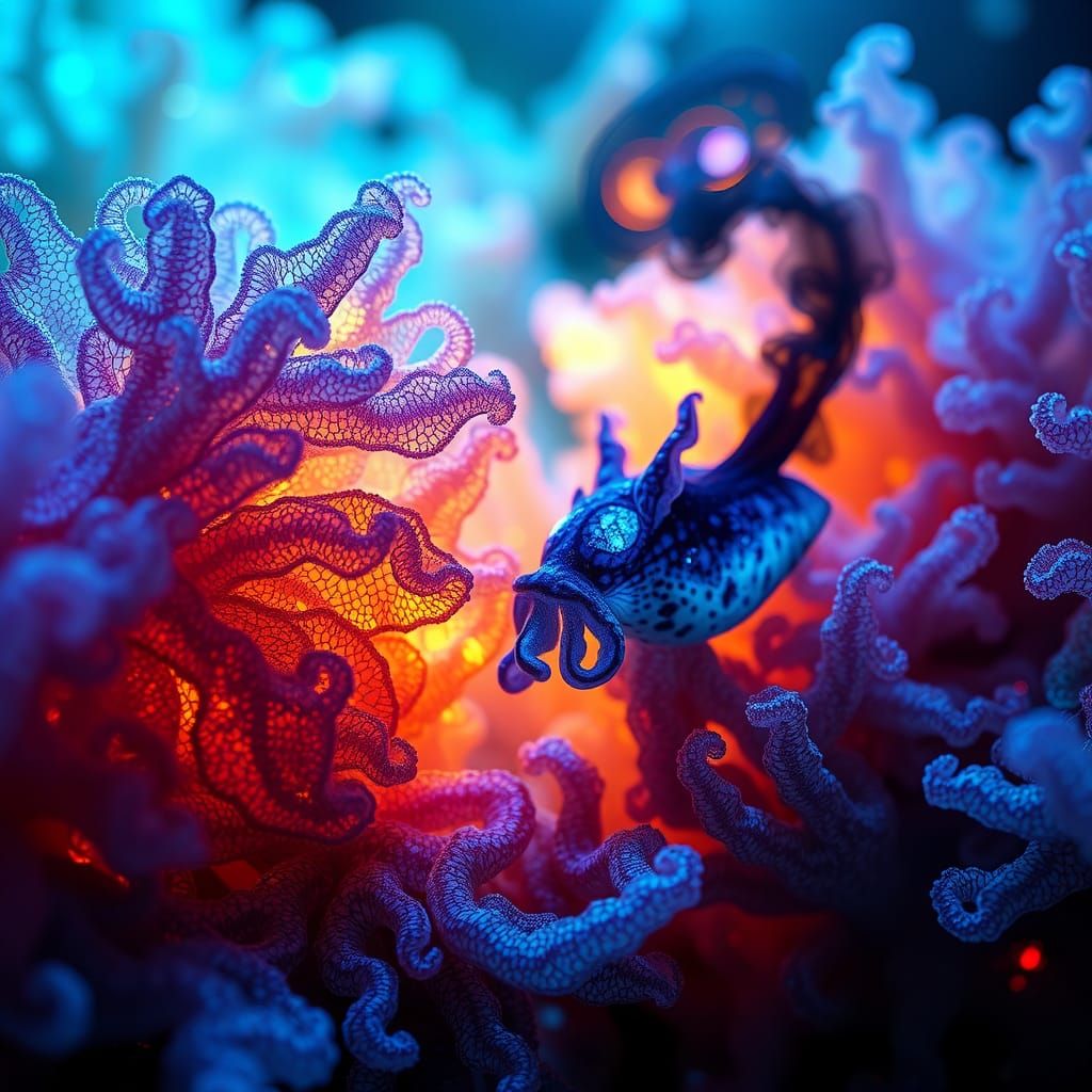 Bioluminescent Cuttlefish Amidst Vibrant Coral Reef