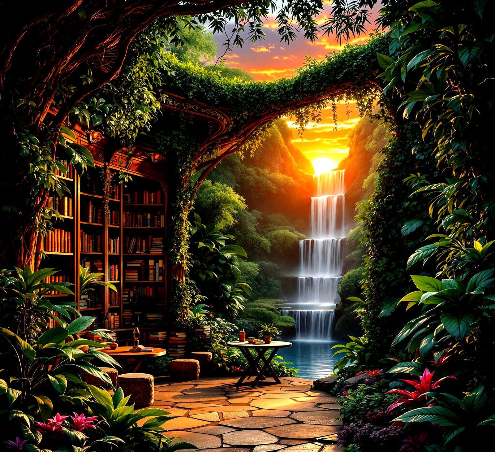 Jungle Oasis Sanctuary in Vibrant Sunset Colors