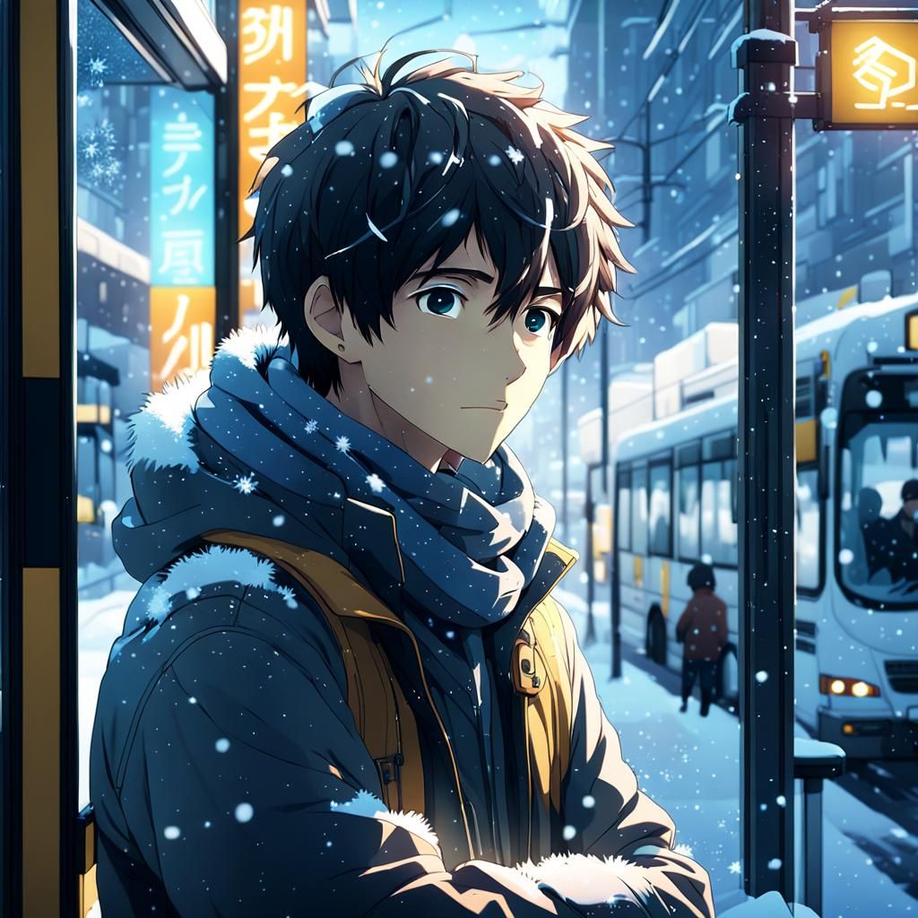 Boy Captured in Winter Wonderland Amid Vibrant Cityscape