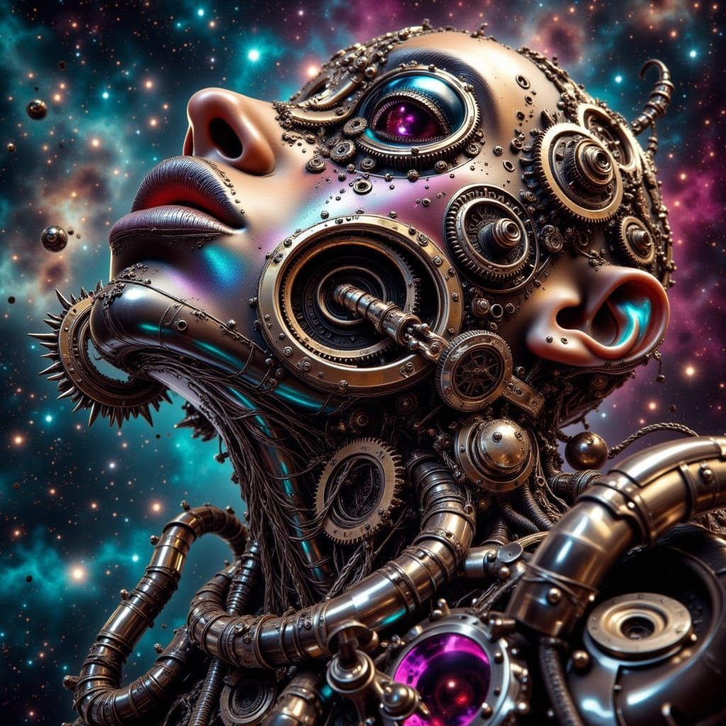Steampunk Automaton Reflecting Vibrant Nebula