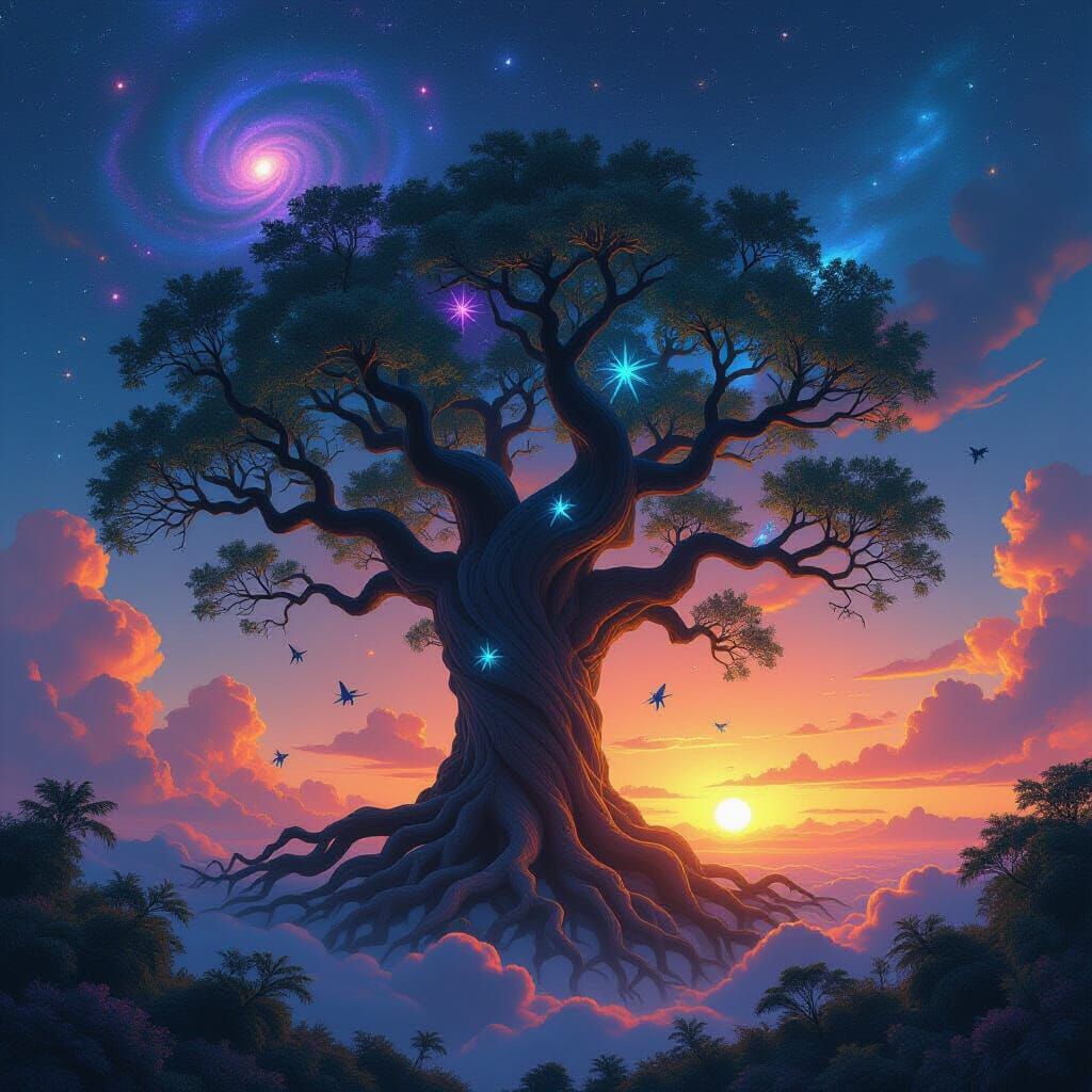 Ancient Cosmic Tree Reaching for Binary Sunset