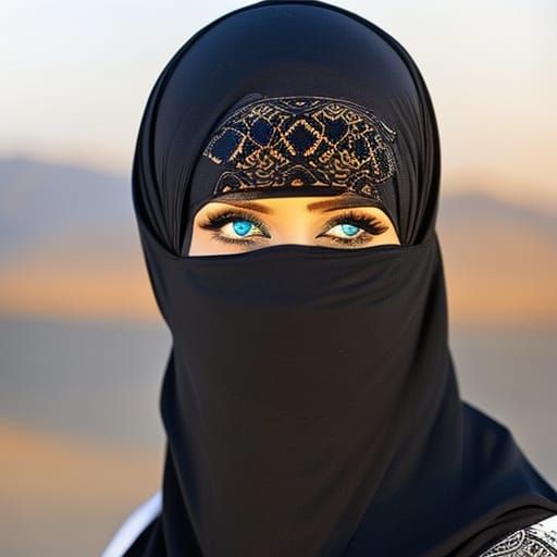Portrait of Woman with Niqab at Desert Sunset