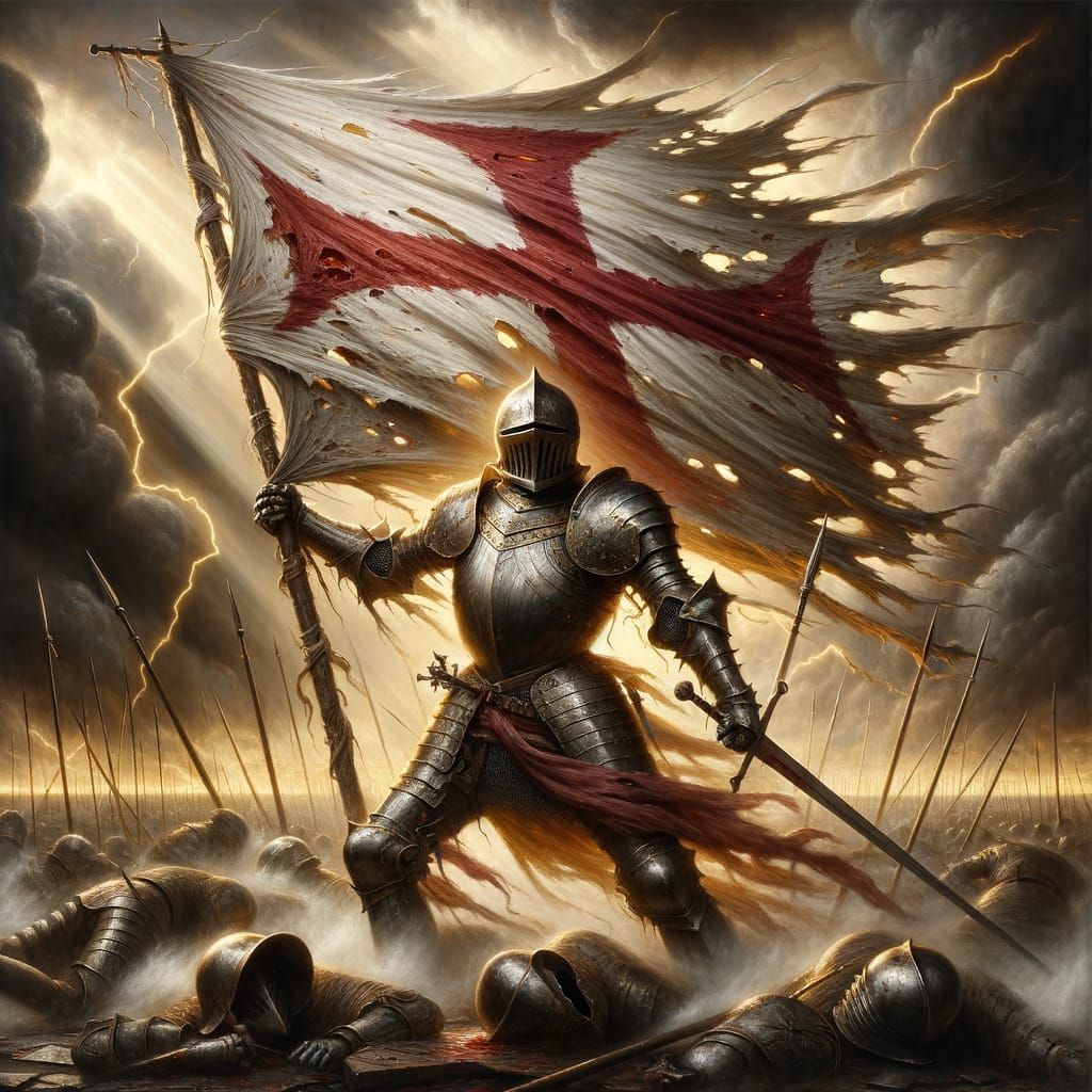 Gothic Metal Soldier Album Cover with Fiery Burgundy Cross