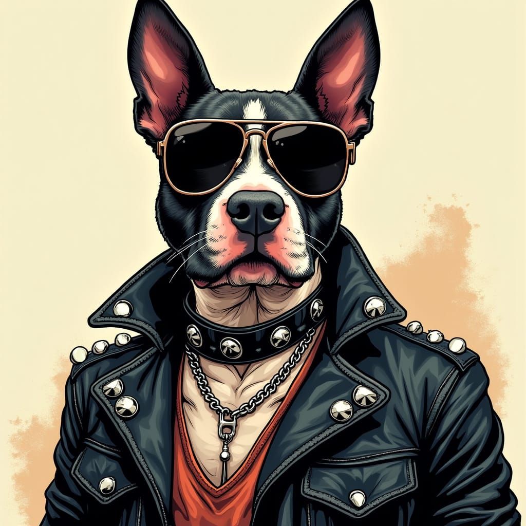 Tough Comic Book Staffordshire Bull Terrier in Leather Jacke...