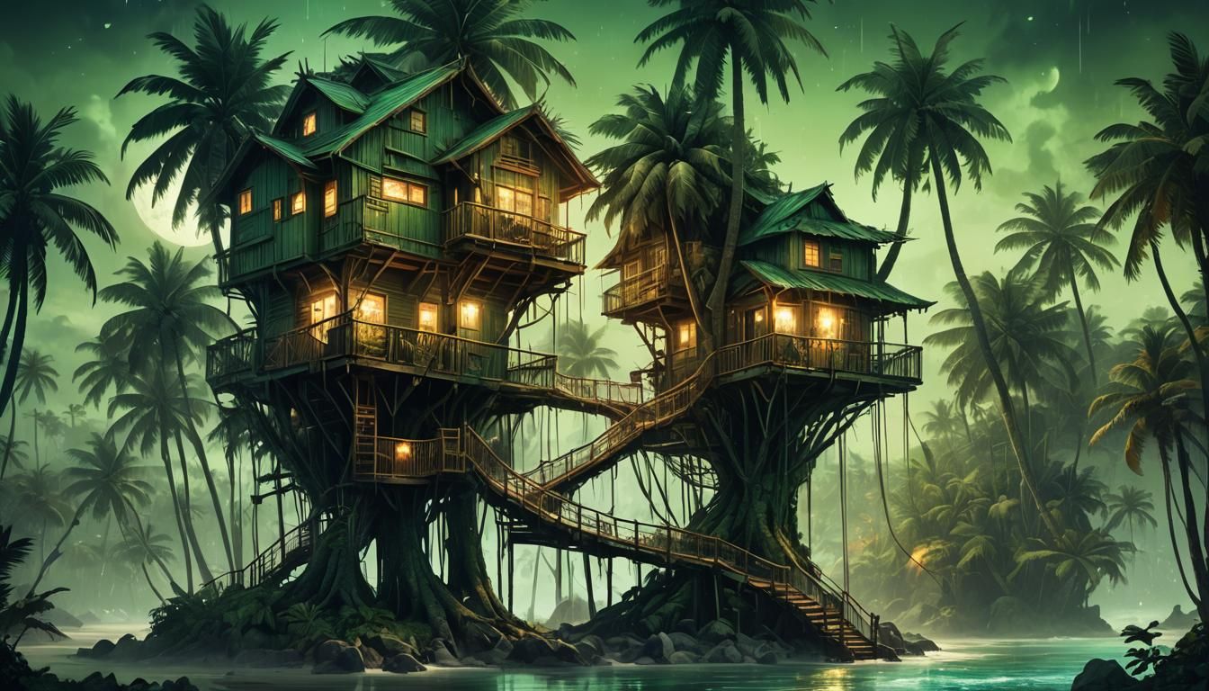 Tropical Palm Treehouse at Night: Digital Matte Painting