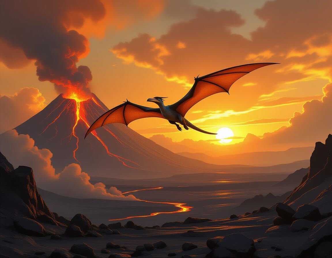 Pterodactyl Soaring Above Volcano in Digital Painting Style