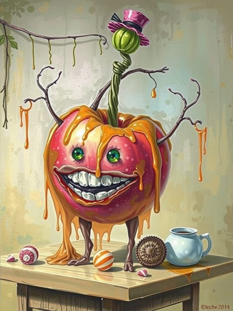 Paint a whimsically eerie gouache portrait of a sentient car...