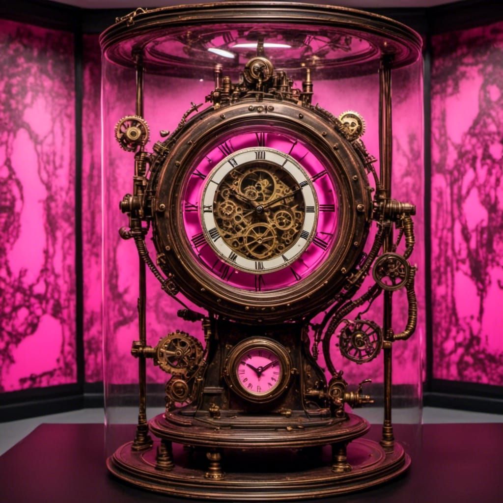 Steampunk Clock in Display Case, Futuristic Art