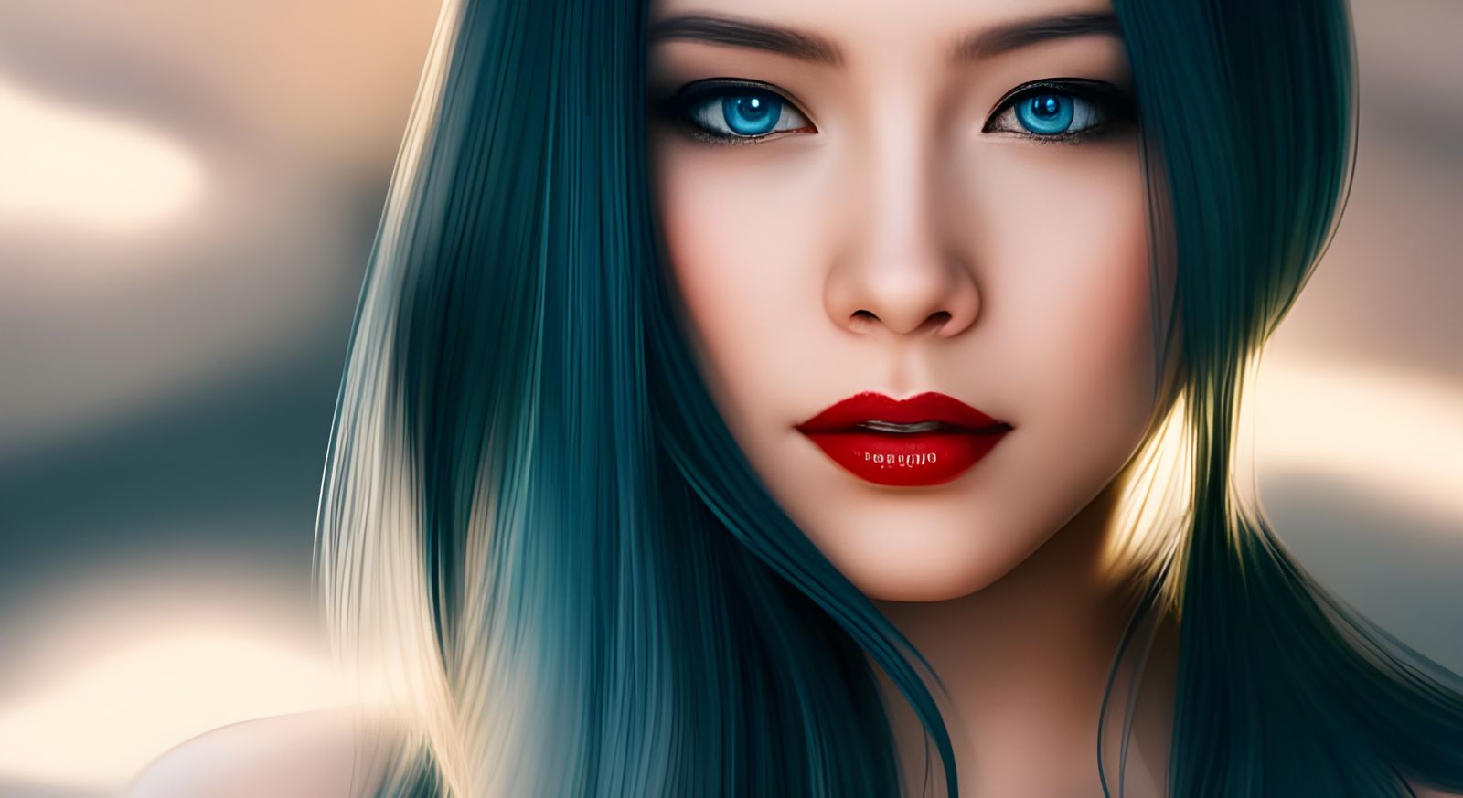 Futuristic AI Asian Woman with Sapphire Eyes