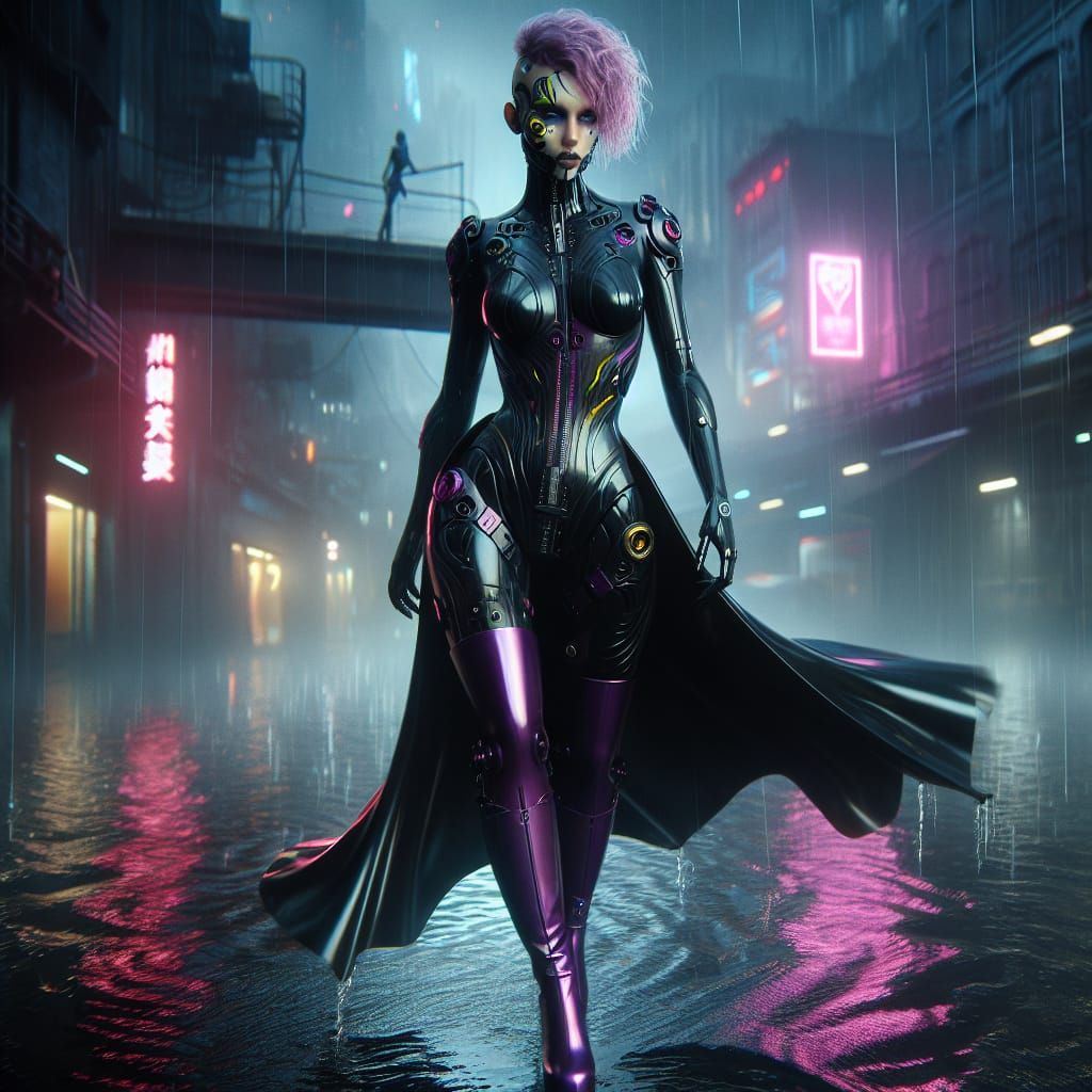 Cyborg Warrior in Rain-Soaked Cyberpunk City