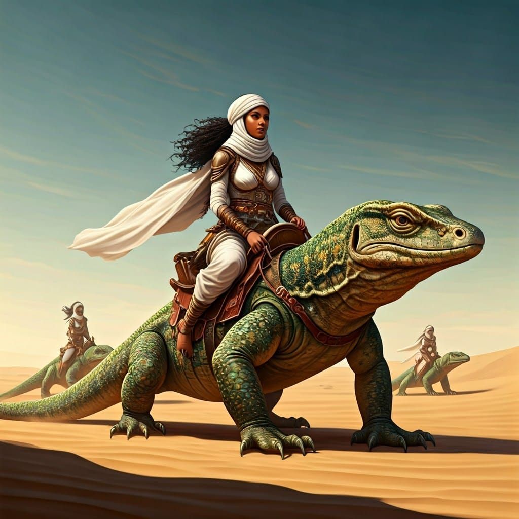 Surreal Desert Warriors Ride Ancient Lizard in Cyberpunk Sty...