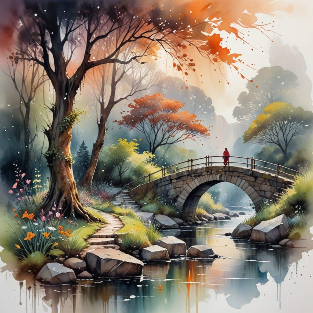 Rainy Spring Scene with Ancient Stone Bridge