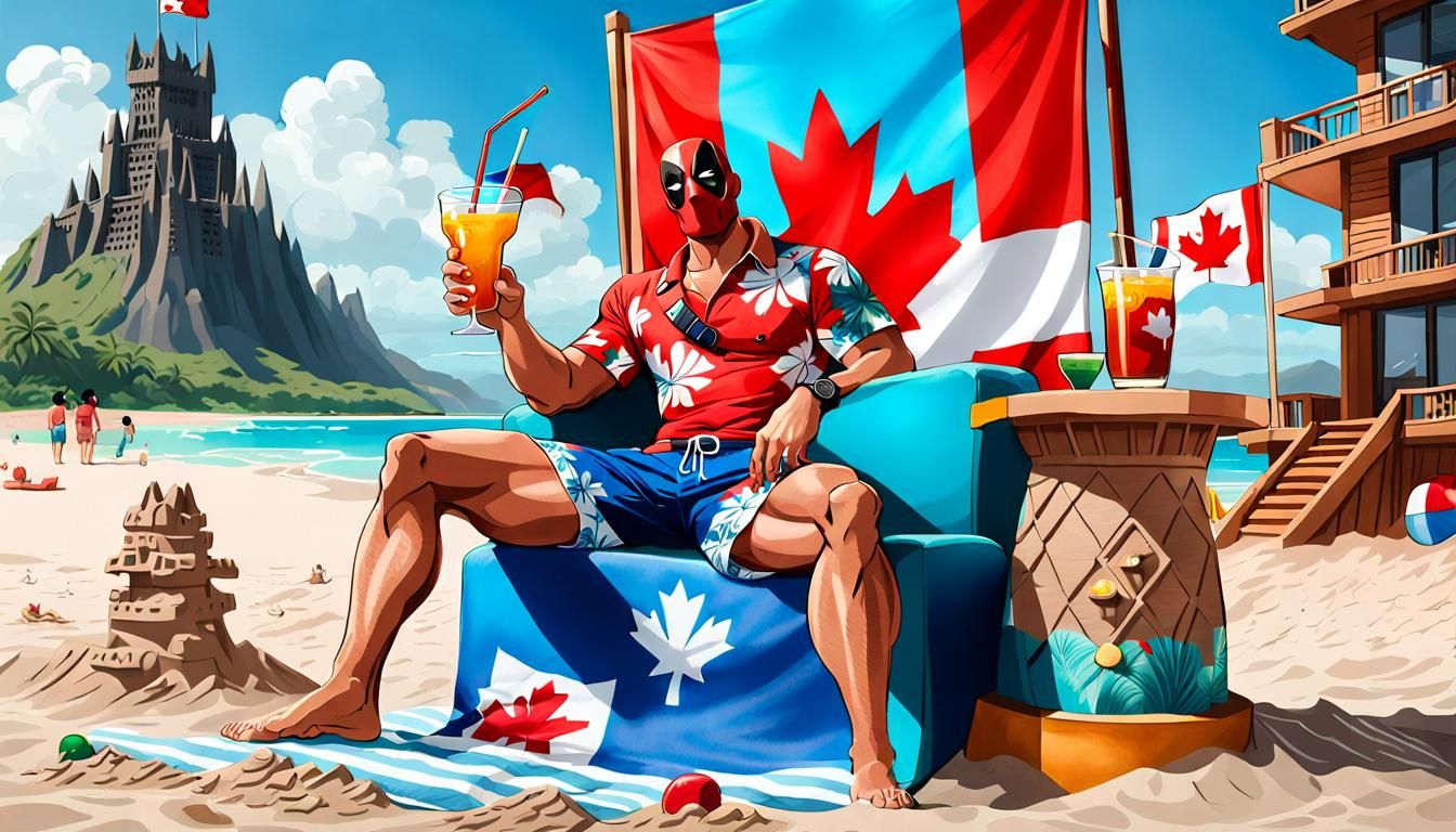 Deadpool on Vacation with Canadian Sandcastle