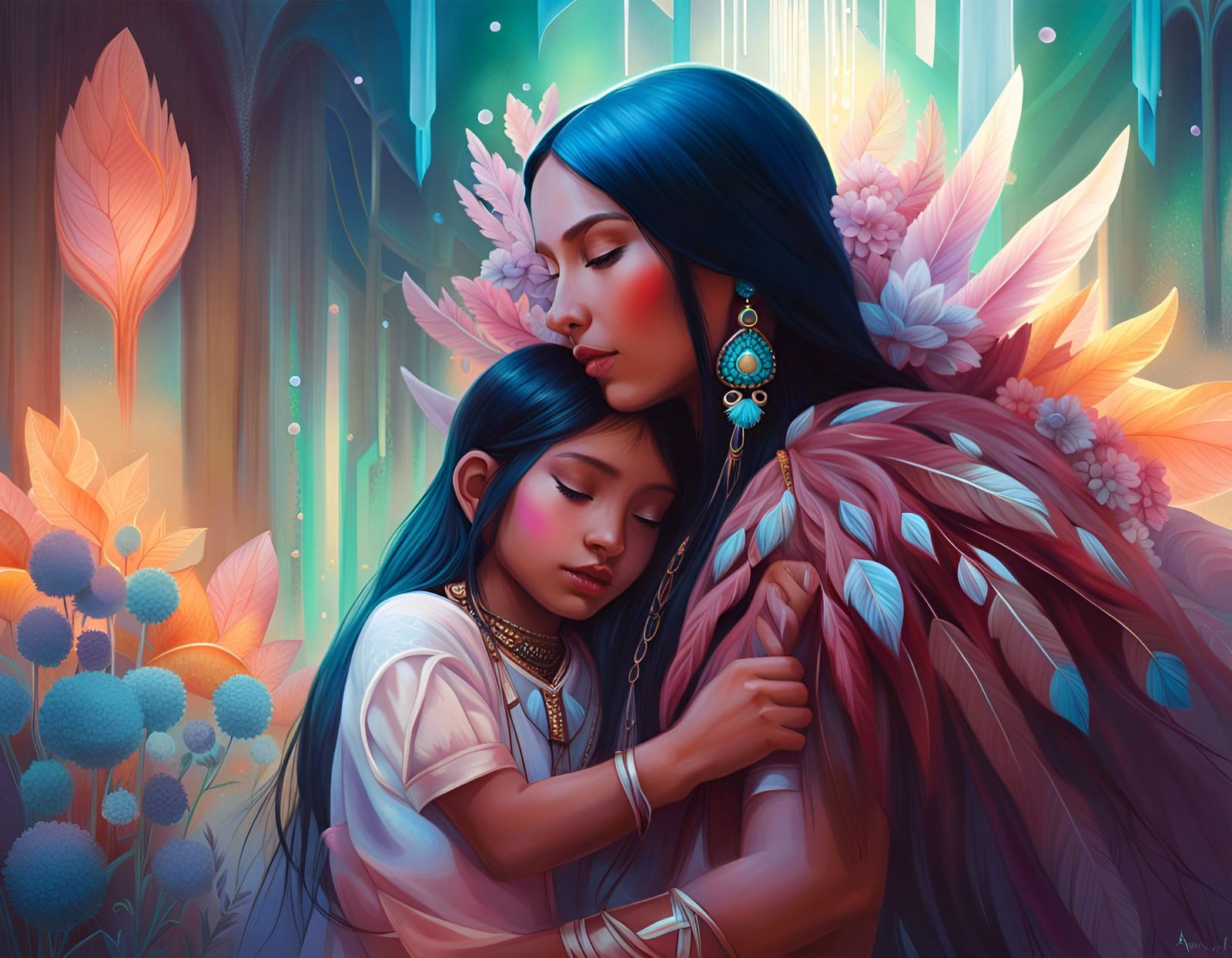 Native American Woman and Child Surrounded by Crystals