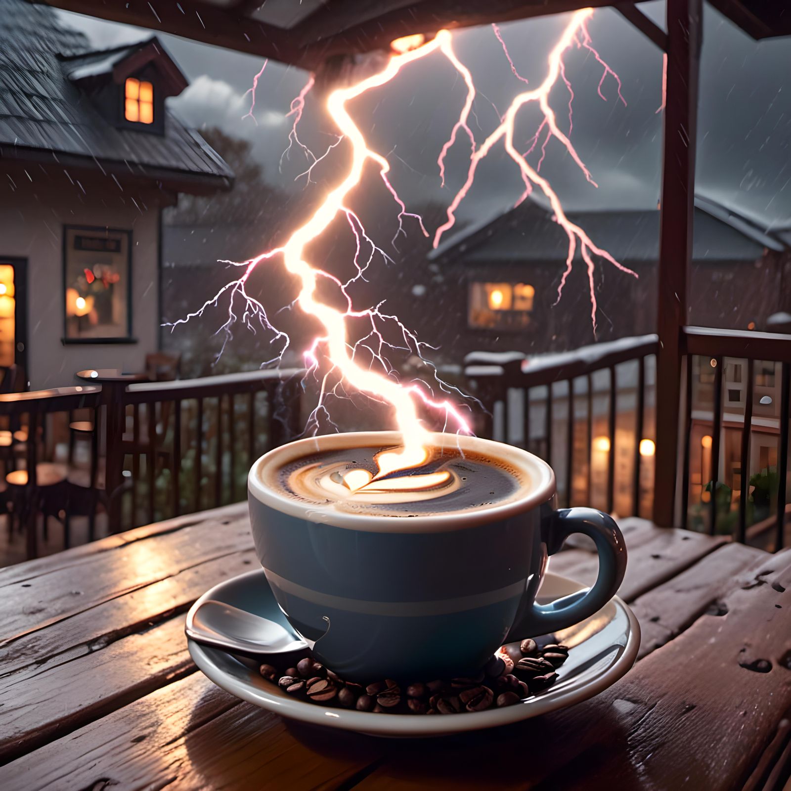 Storm Coffee with Lightning Strike, Realistic Rendering