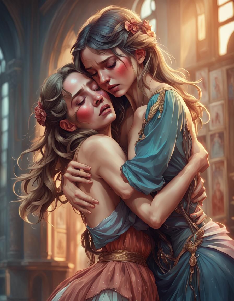 Emotional Embrace: Two Ladies in Digital Art Portrait