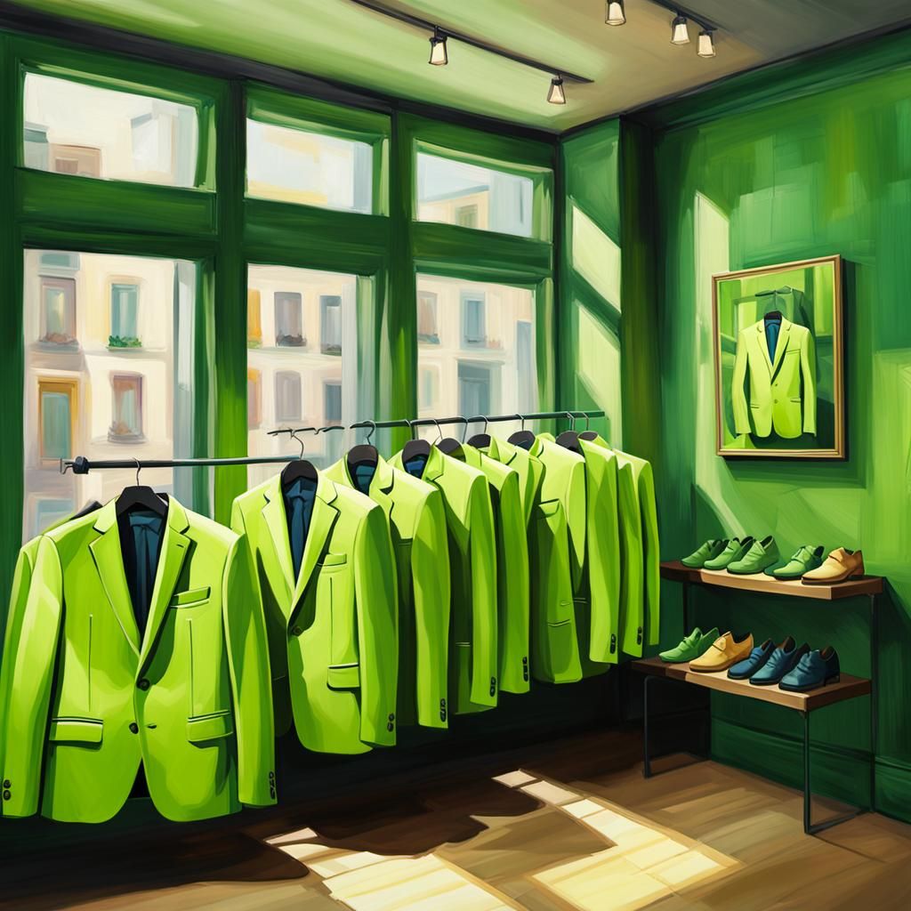 Lime Green Suits in Boutique as Digital Oil Painting