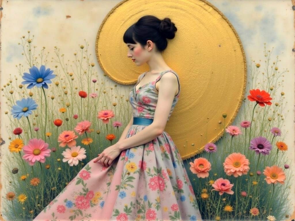 Woman with Floral Background in Klimt Style