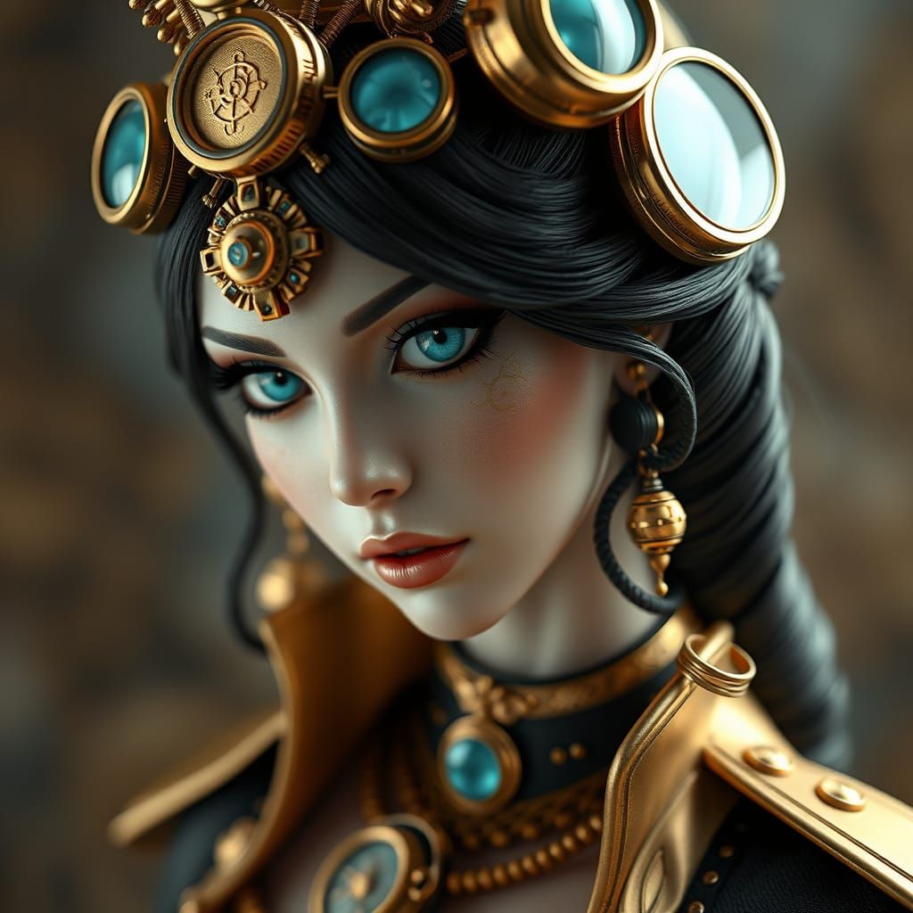 Steampunk Goddess in Vibrant Gold and Cyan