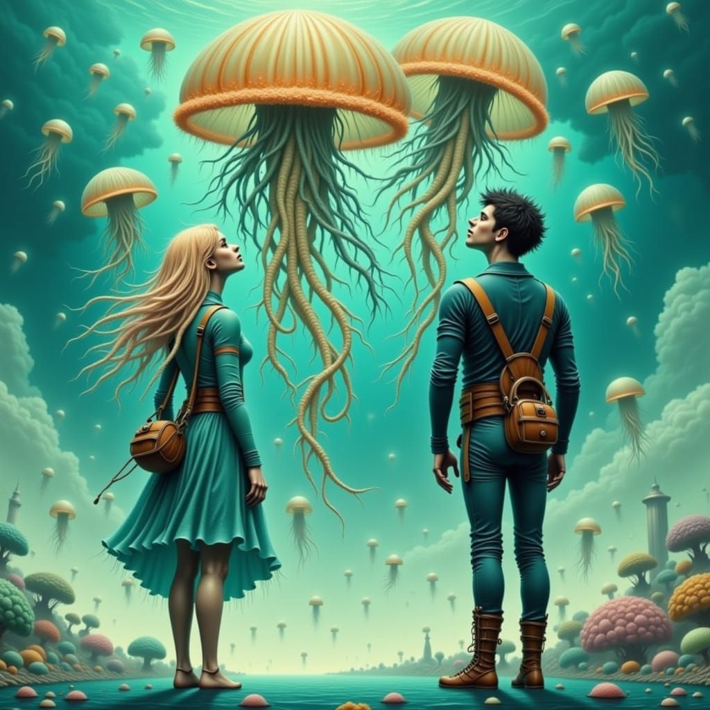 Hopeful Figures Gaze Up at Jellyfish Sky