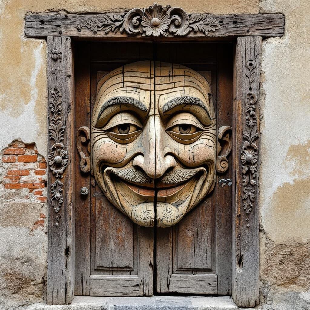 A whimsical wooden door with intricate carvings, worn by tim...