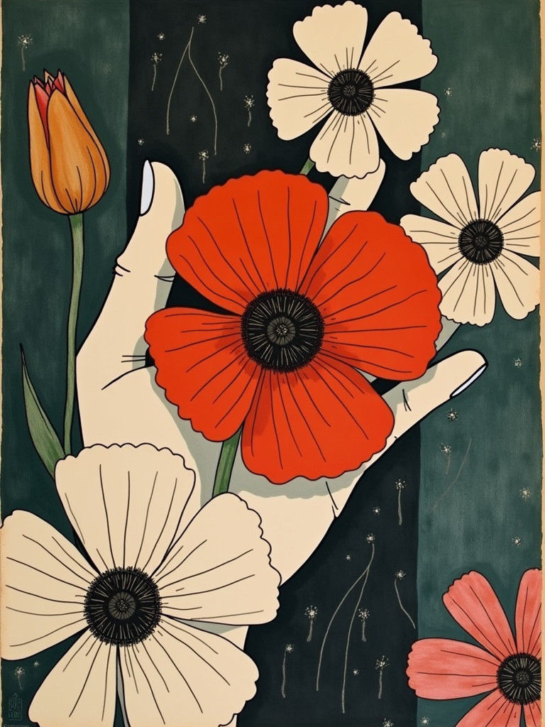 Dadaist Collage of Hand with Flowers and Writing